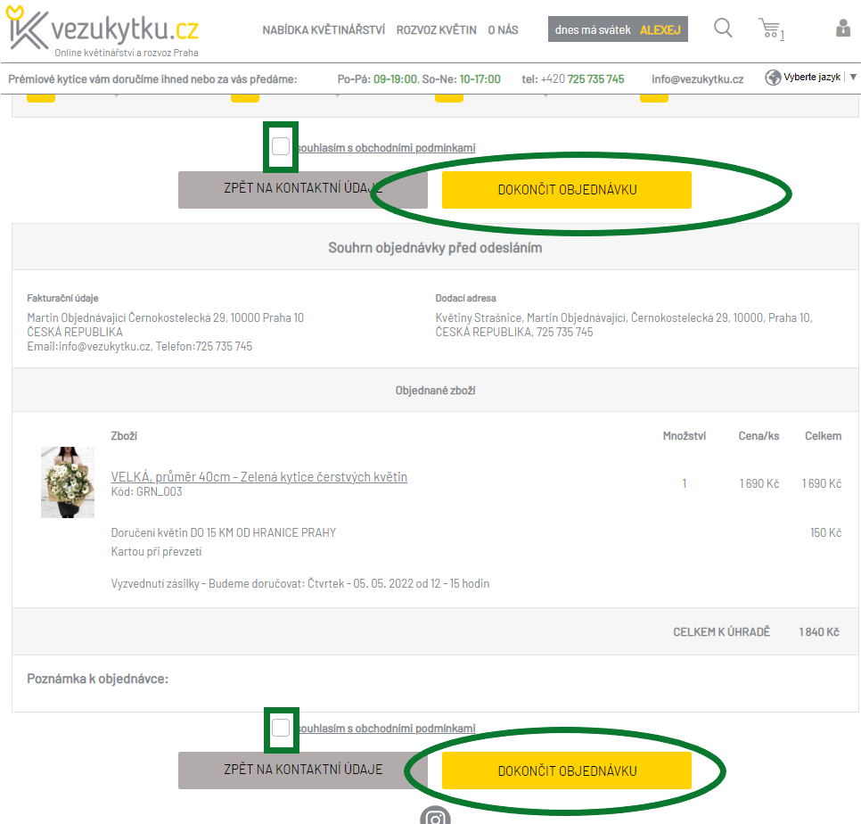 Dokončení objednání květin pro doručení online