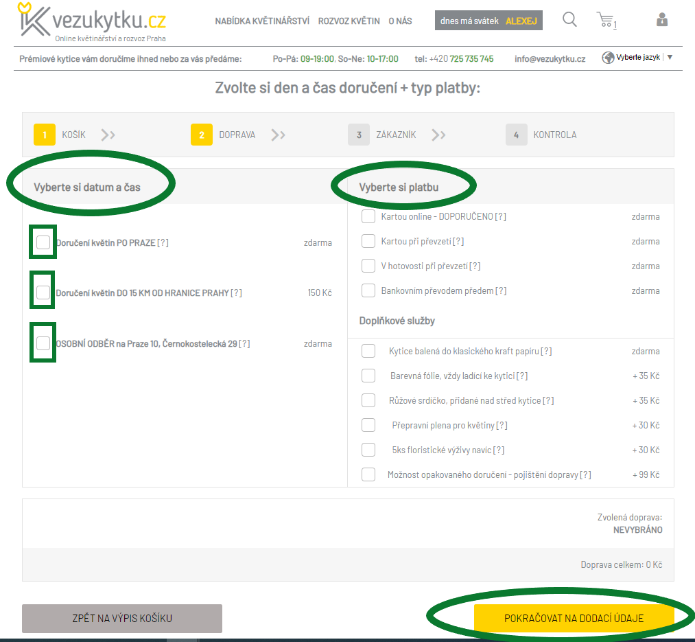 Výběr dopravy a platby pro doručení květin